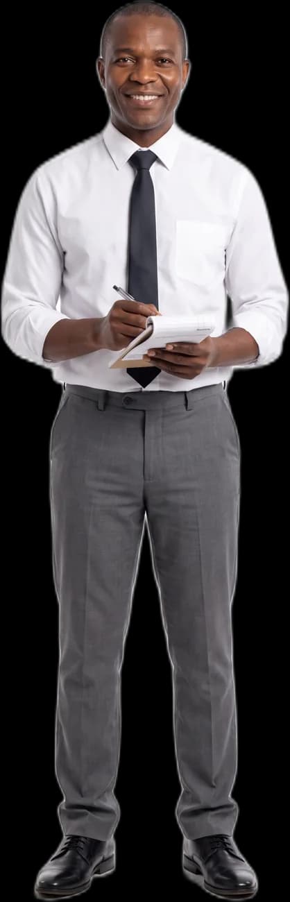 A bursar in a white shirt and tie holding a receipt book