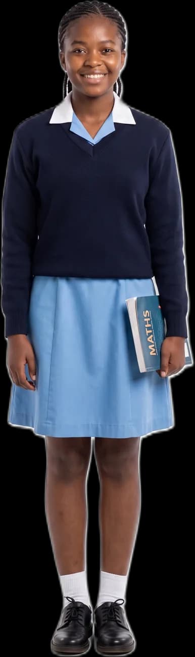 A Grade 7 girl in a sky-blue dress and navy jersey