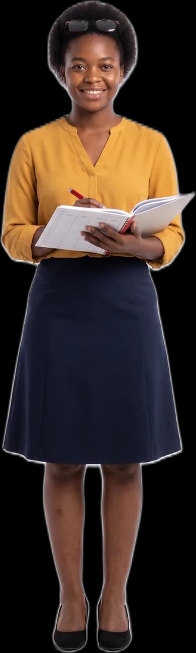A teacher in a mustard blouse holding an open mark book