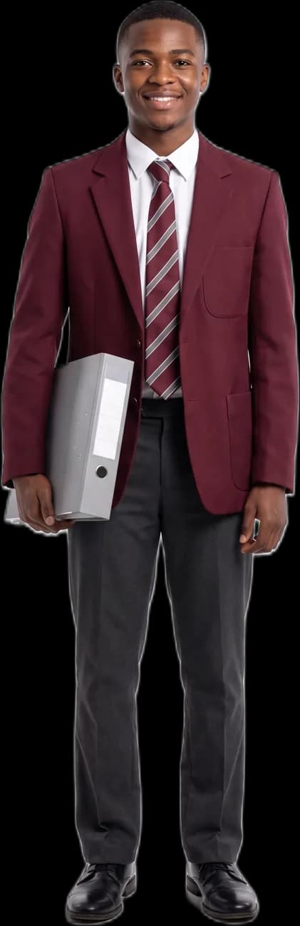 An Upper 6 student in a maroon blazer carrying a file